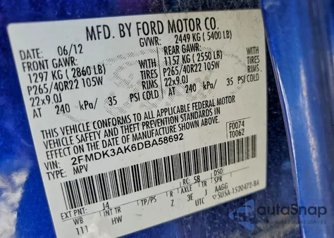 2013 Ford Edge Sport z USA, uszkodzony, nr VIN 2FMDK3AK6DBA58692